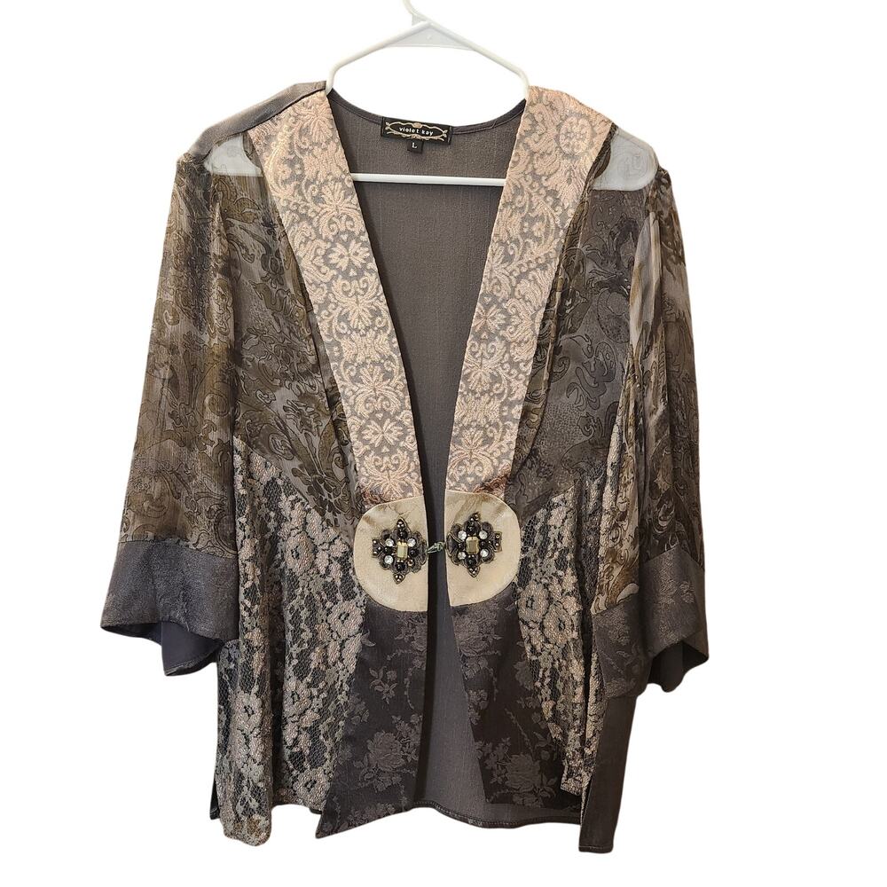 Violet Kay Silk Lace Mixed Media Jeweled Kimono Jacket Large
